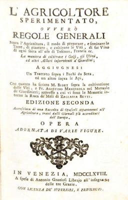 L'agricoltore sperimentato ovvero Regole generali sopra l'agricoltura, il modo di preparare, e seminare le terre, di piantare, e coltivare le viti, di far vino di ogni sorta all'uso di Toscana, Francia ec. ... Aggiugnesi un trattato sopra i bachi da seta, ed un altro sopra le api, con quanto ha scritto m. Bidet sopra la coltivazione delle viti e fr. Agostino Mandirola nel Manuale de' giardinieri; appresso a cui vi sono le Memorie intorno la ruca de' meli di Zaccaria Betti